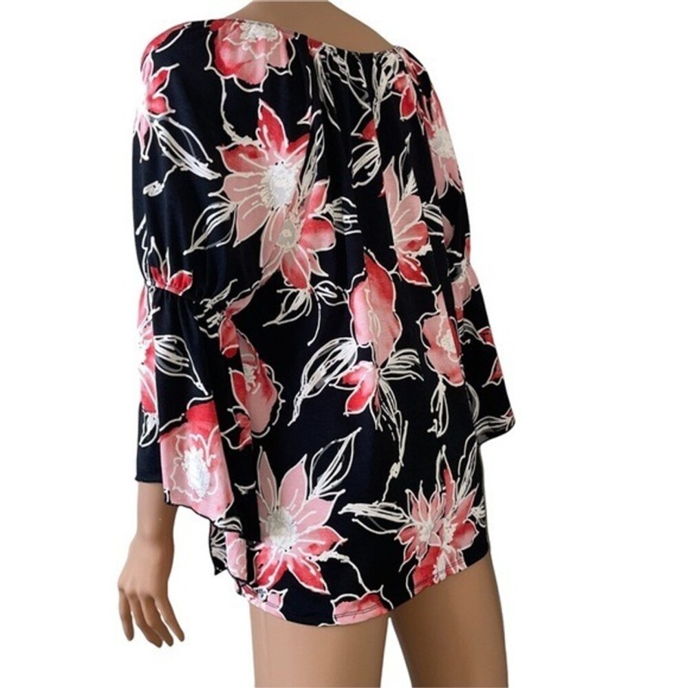 - NAIF brand off shoulder floral print black and pink flowy blouse SZ L - Picture 4 of 12